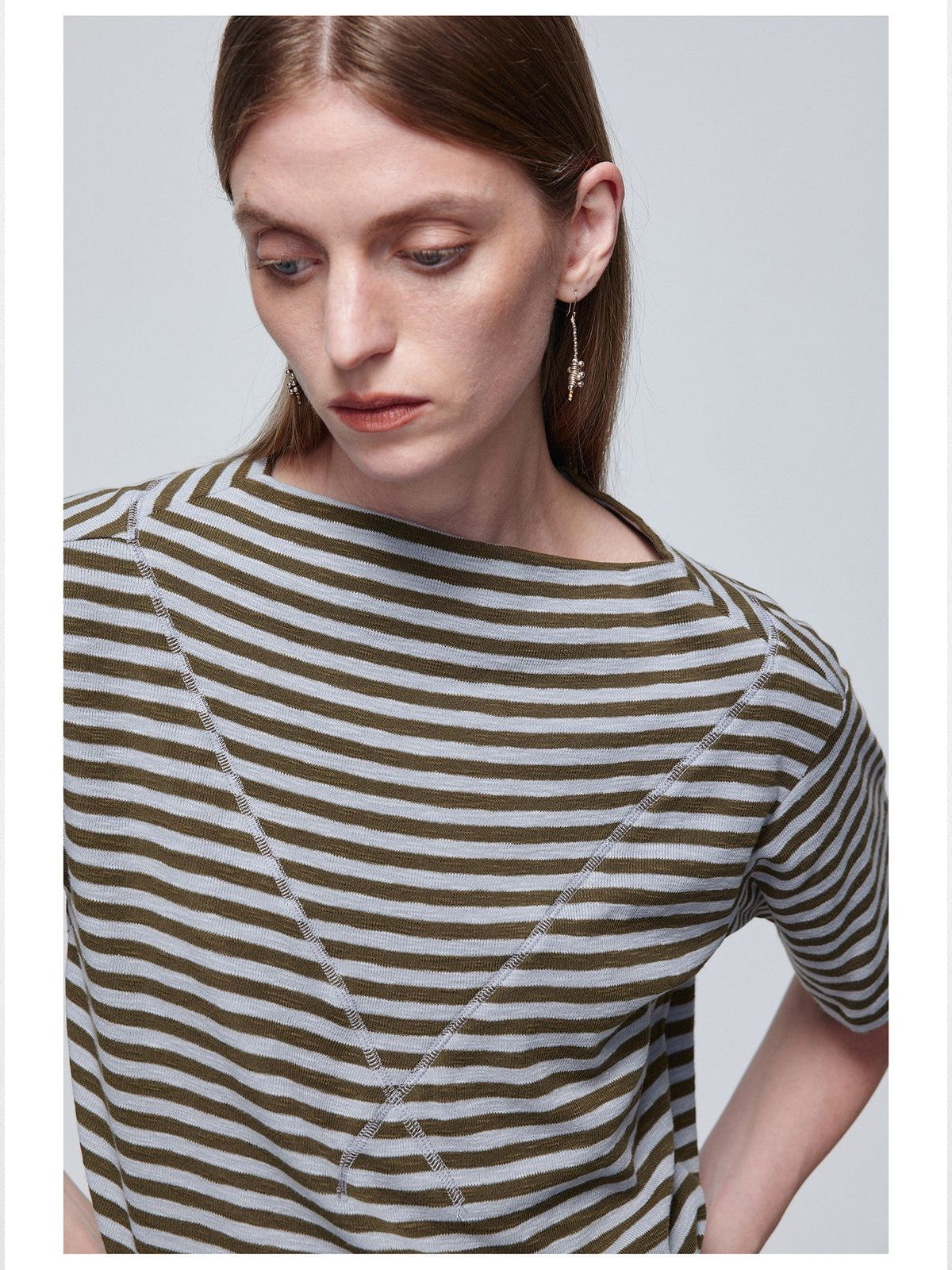 Simple Project Textured Striped Cotton T Shirt in Olive - On Female Model