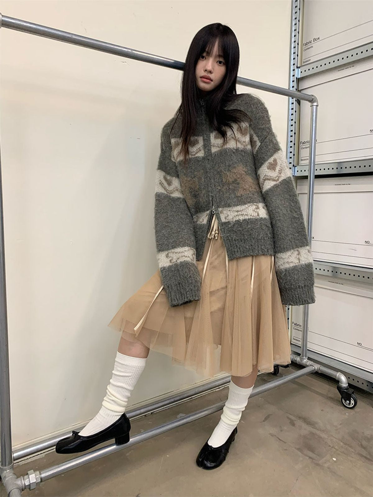 NeverSeez Fair Isle Dog Zip Up Cardigan in Gray - On Female Model