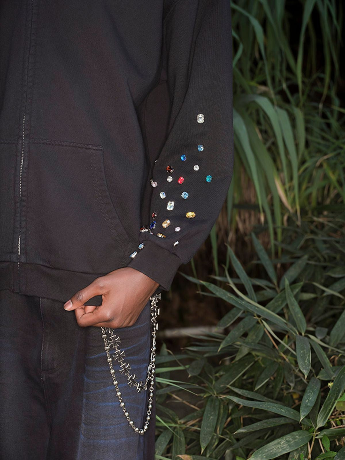 TRIANGLE PROJECT Gemstone Embellished Zip Hoodie in Black - On Model