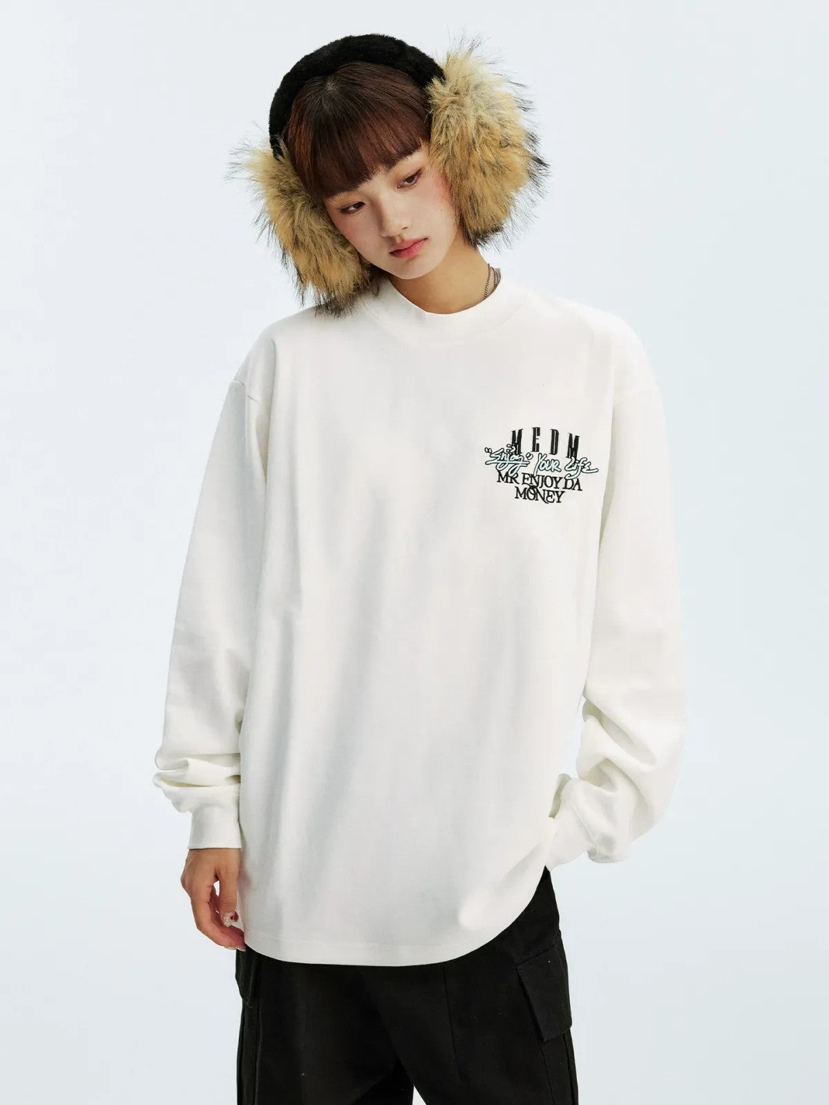 MEDM German Velvet Thermal Crewneck in White - On Female Model