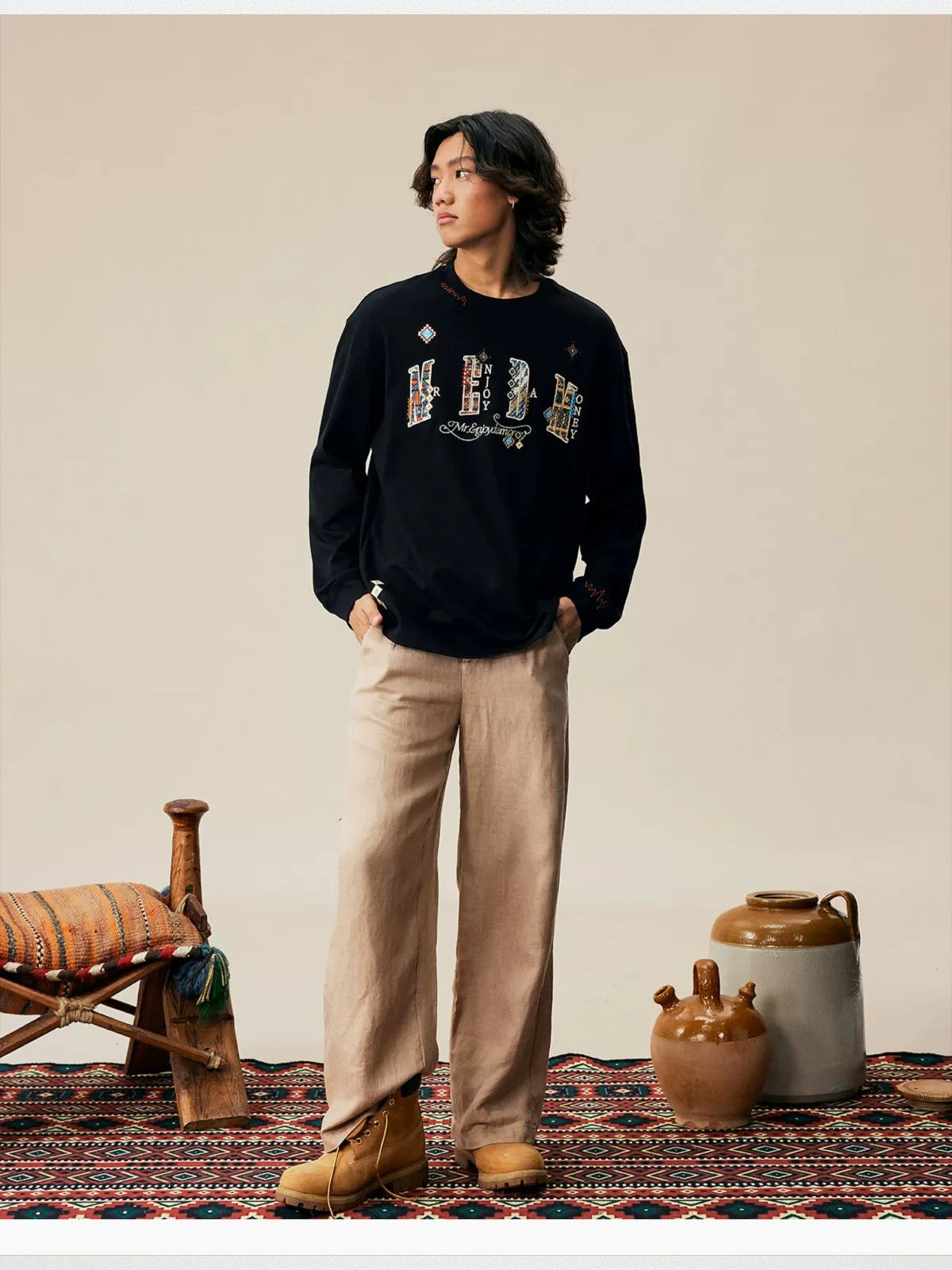 MEDM Ethnic Patchwork Long Sleeve Tee in Black - Lifestyle