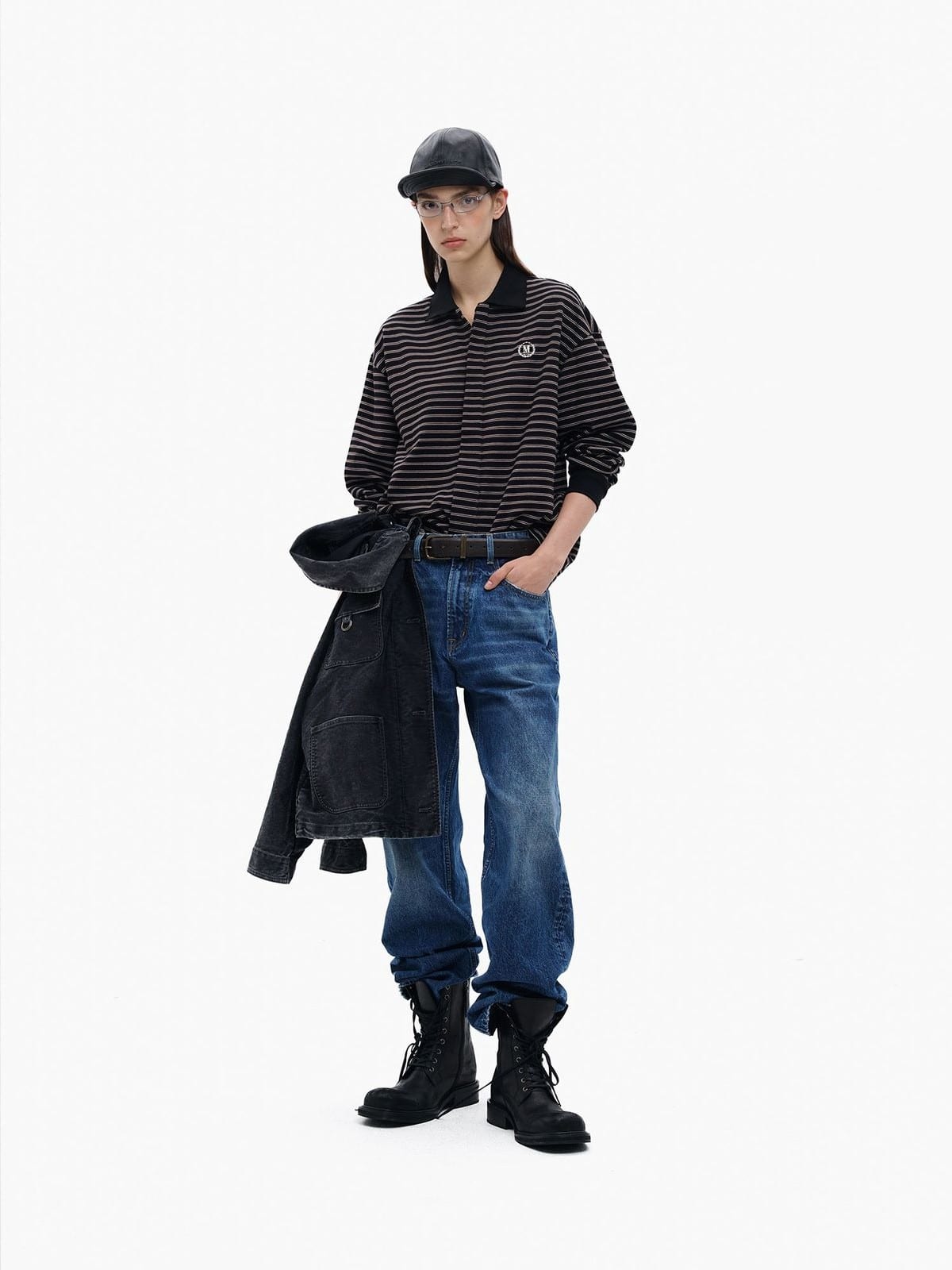 MasonPrince Striped Washed Cotton Cardigan in Black - On Female Model