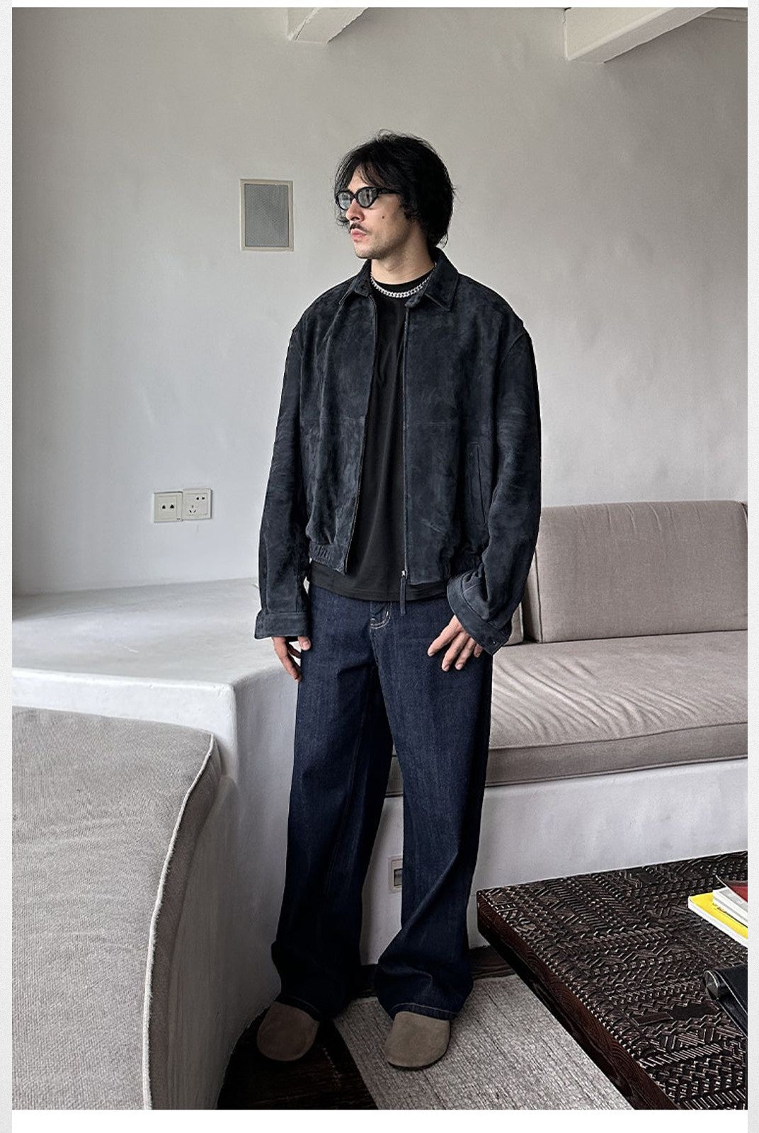 Roolrren Homme Wool Lined Ethiopian Sheepskin Jacket in Navy Blue - On Model