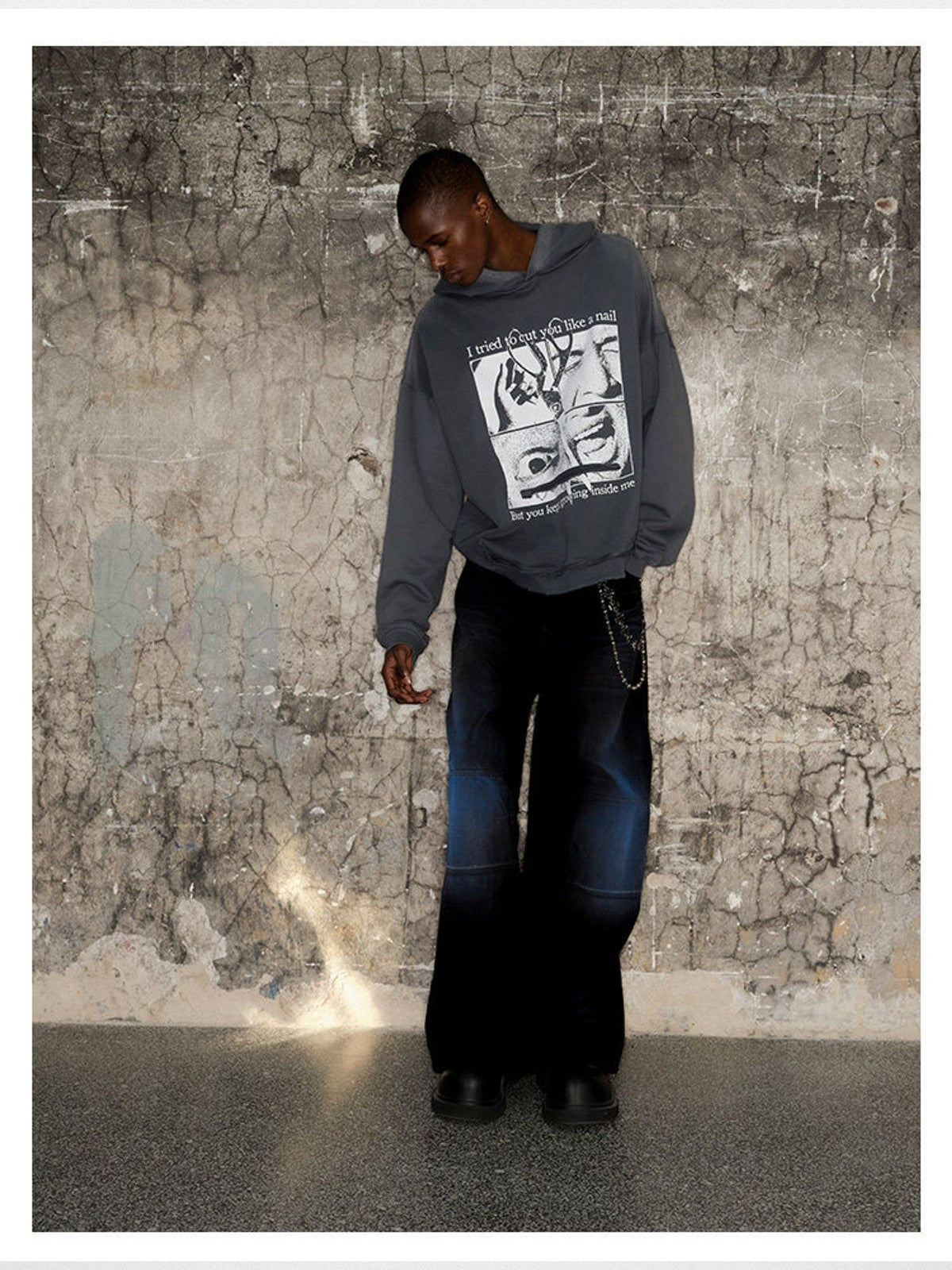 TRIANGLE PROJECT Dirty Wash Spray Detail Jeans in Black - On Model