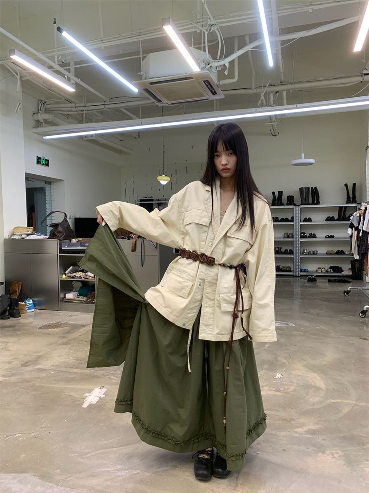 NeverSeez Washed Cotton Workwear Jacket in White - On Female Model