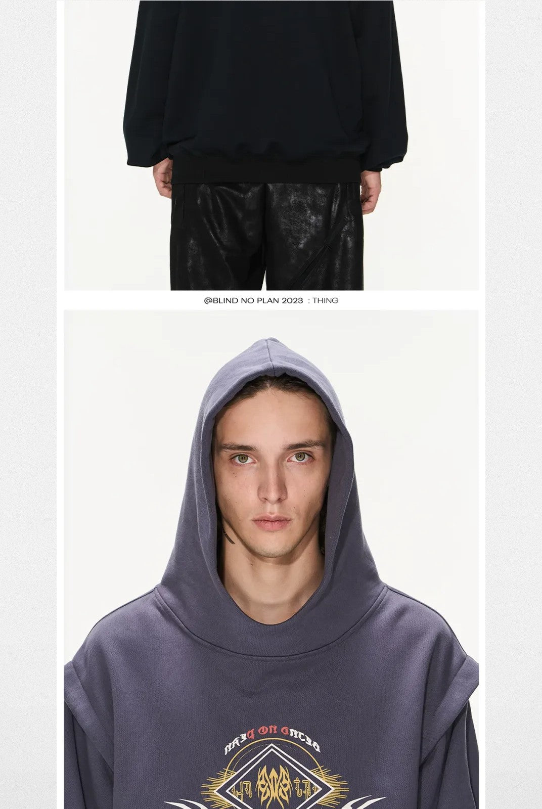 BLINDNOPLAN Faux Two Piece Graphic Hoodie in Navy Blue - On Model