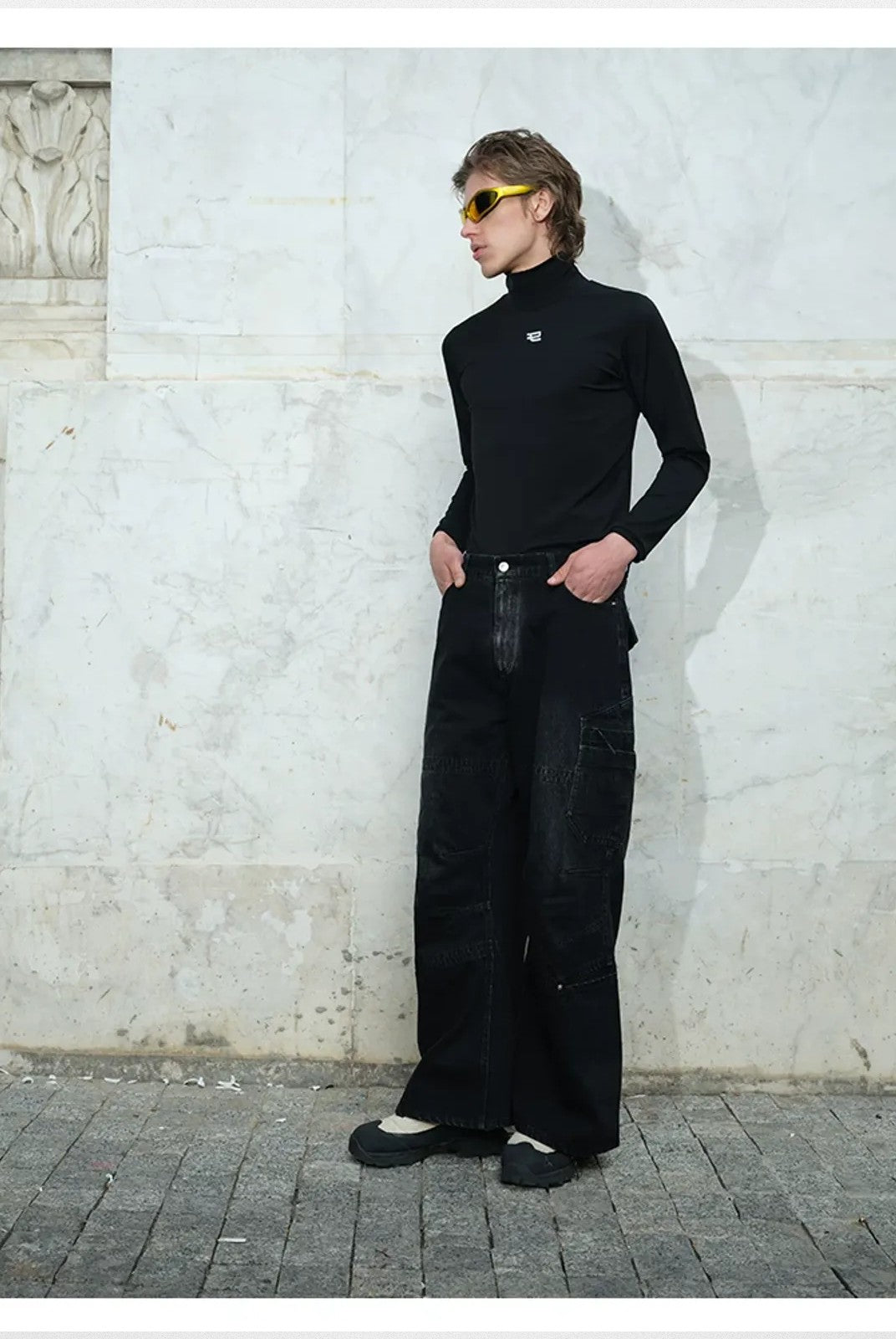 TRIANGLE PROJECT Logo High Neck Long Sleeve Top in Black - On Model