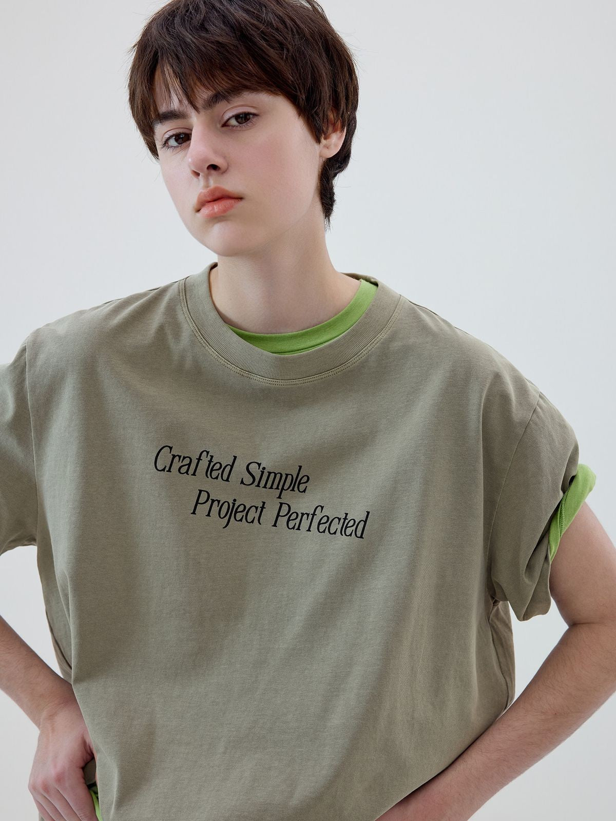 Simple Project Garment Dyed Slogan T Shirt in Olive - On Female Model