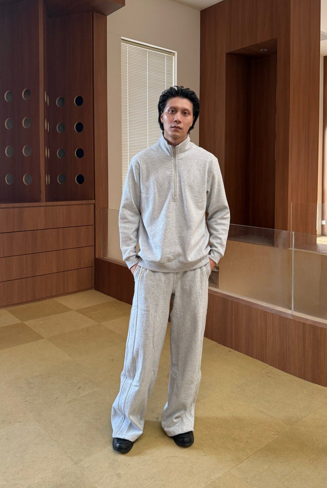 TRIANGLE PROJECT Brushed Cotton Wide Leg Sweatpants in Gray - On Model