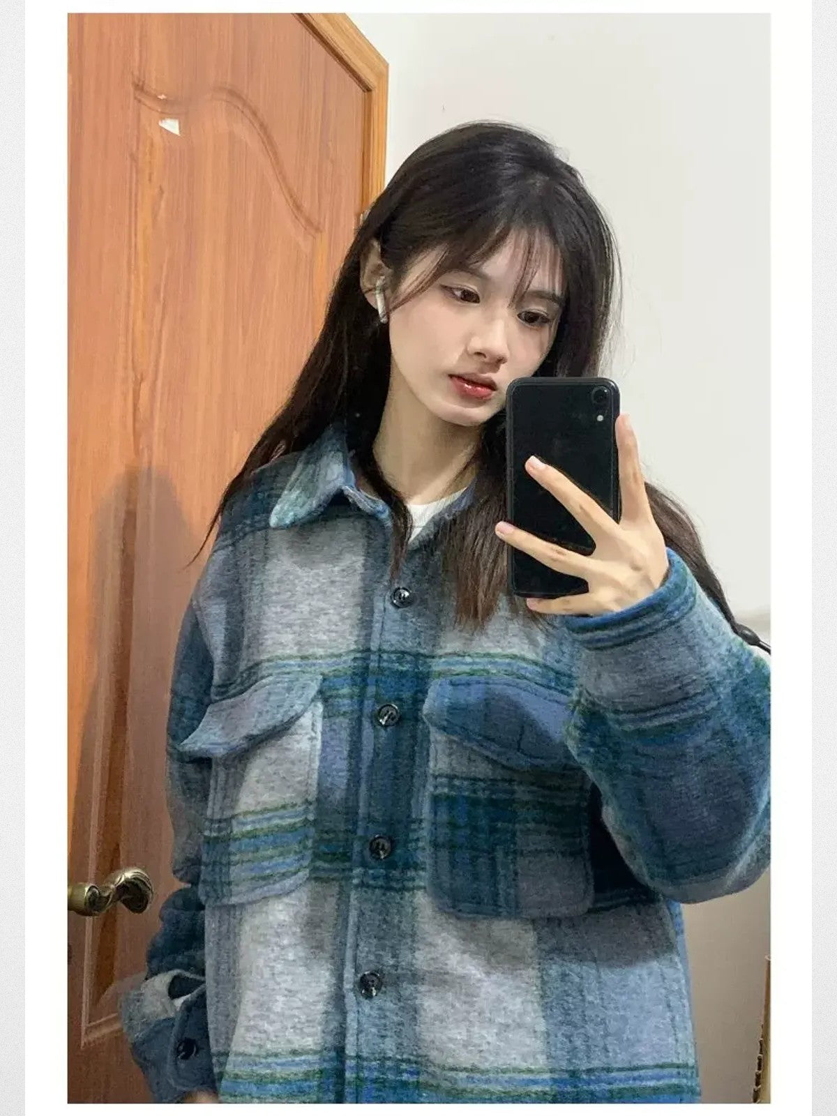 LOSTCTRL Brushed Plaid Shirt Jacket in Blue - On Model