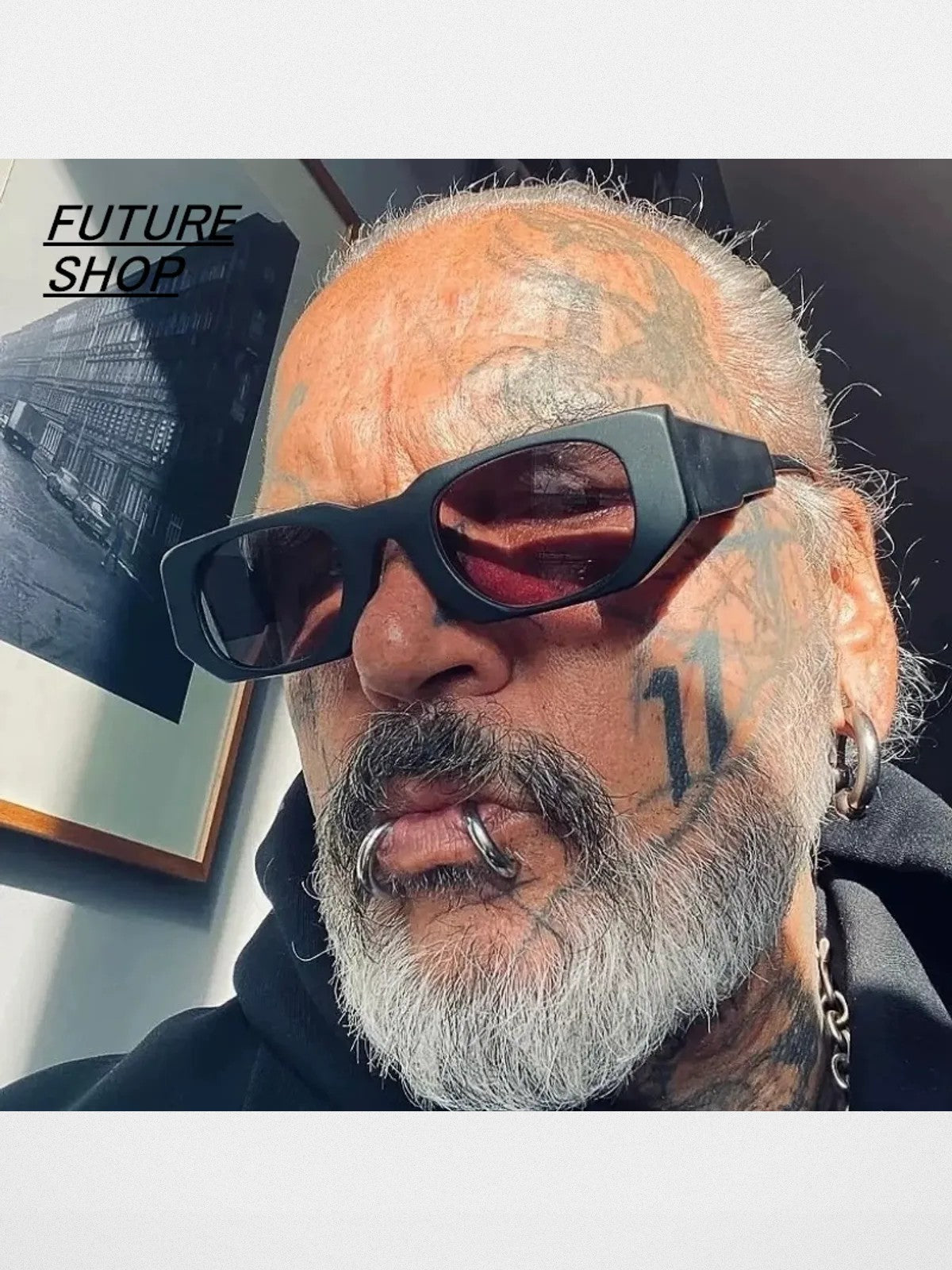 FUTURE UPDATE Rectangular Acetate Sunglasses in Black - On Male Model