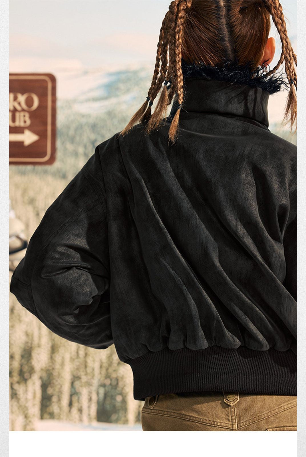 Beer Bro Faux Fur Collar PU Suede Bomber in Black - On Model