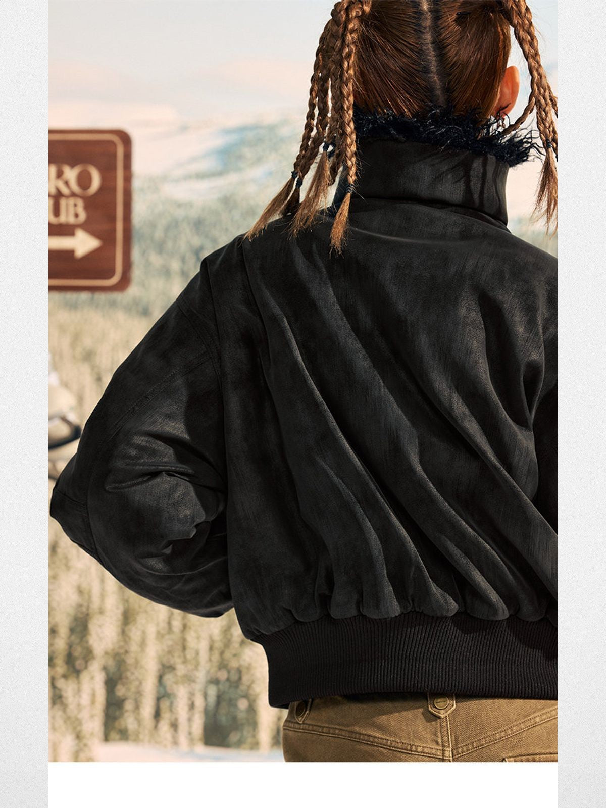 Beer Bro Faux Fur Collar PU Suede Bomber in Black - On Model