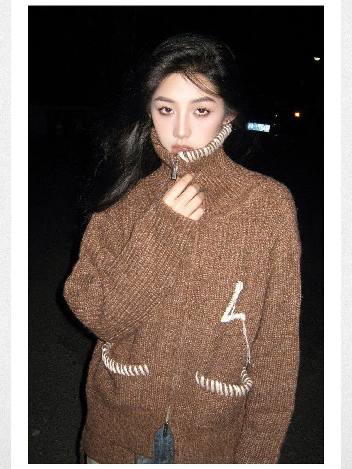 LOSTCTRL Double Zip Embroidered Cardigan in Brown - On Model