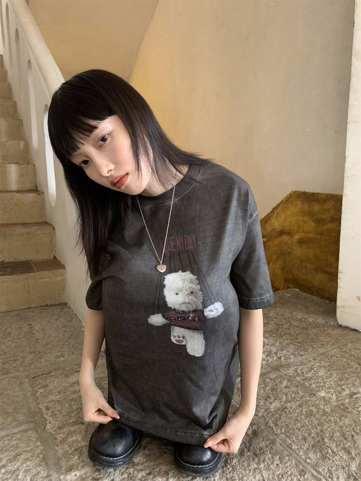 NeverSeez Garment Dyed Puppet Print Tee in Gray - On Female Model