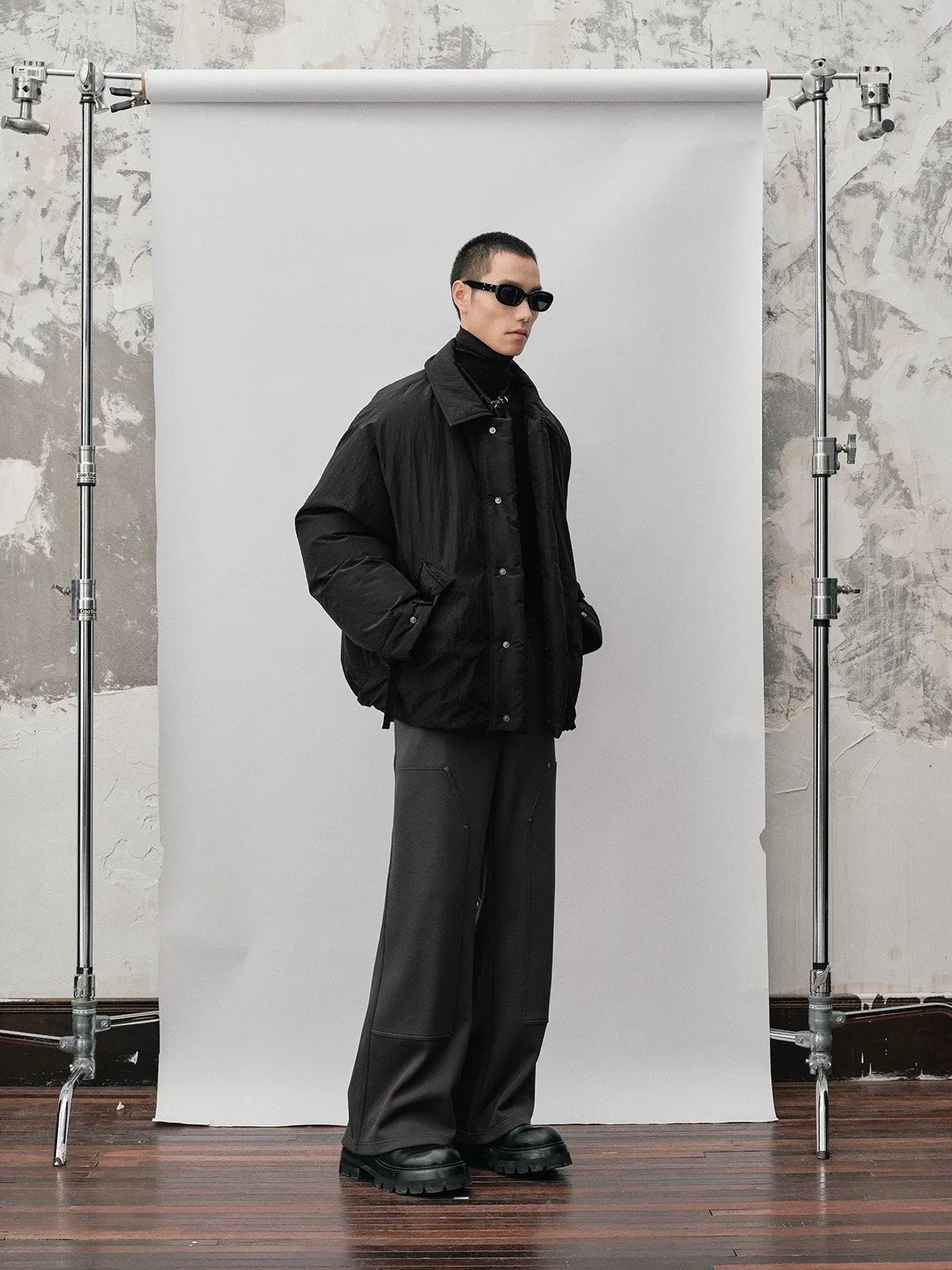 NANS Crinkled Metallic Down Puffer in Black