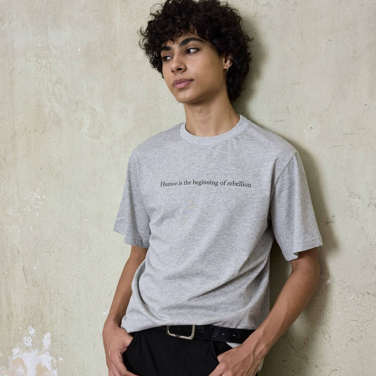 AFterTaste Distressed Slogan T Shirt in Gray - On Model