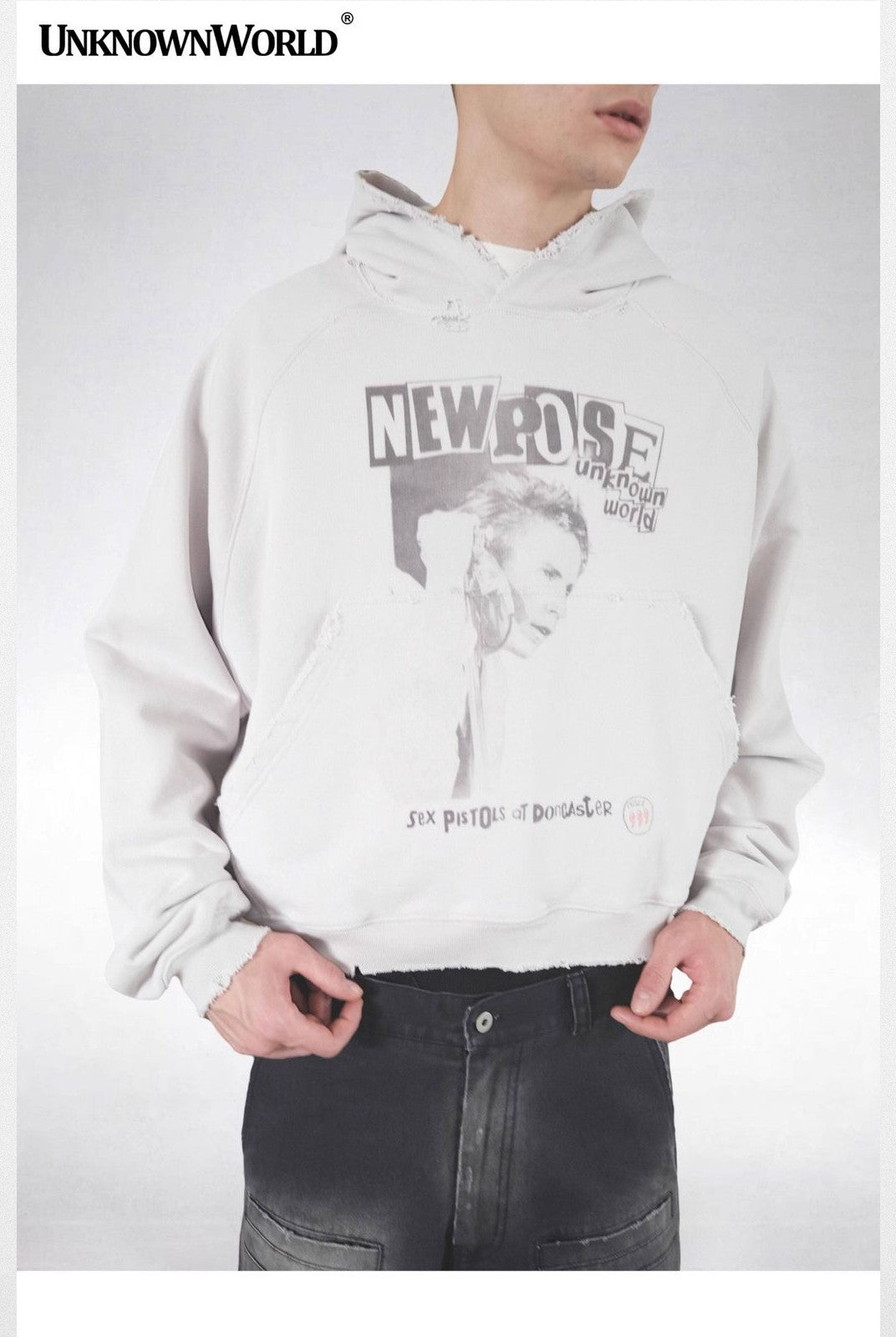 UNKNOWNWORLD Distressed Punk Print Hoodie in Gray - On Model