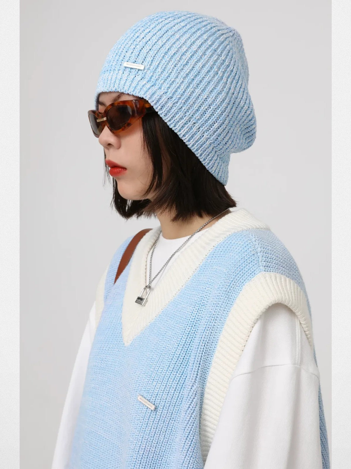 MASONPRINCE Contrast Trim V Neck Knit Vest in Sky Blue - On Female Model