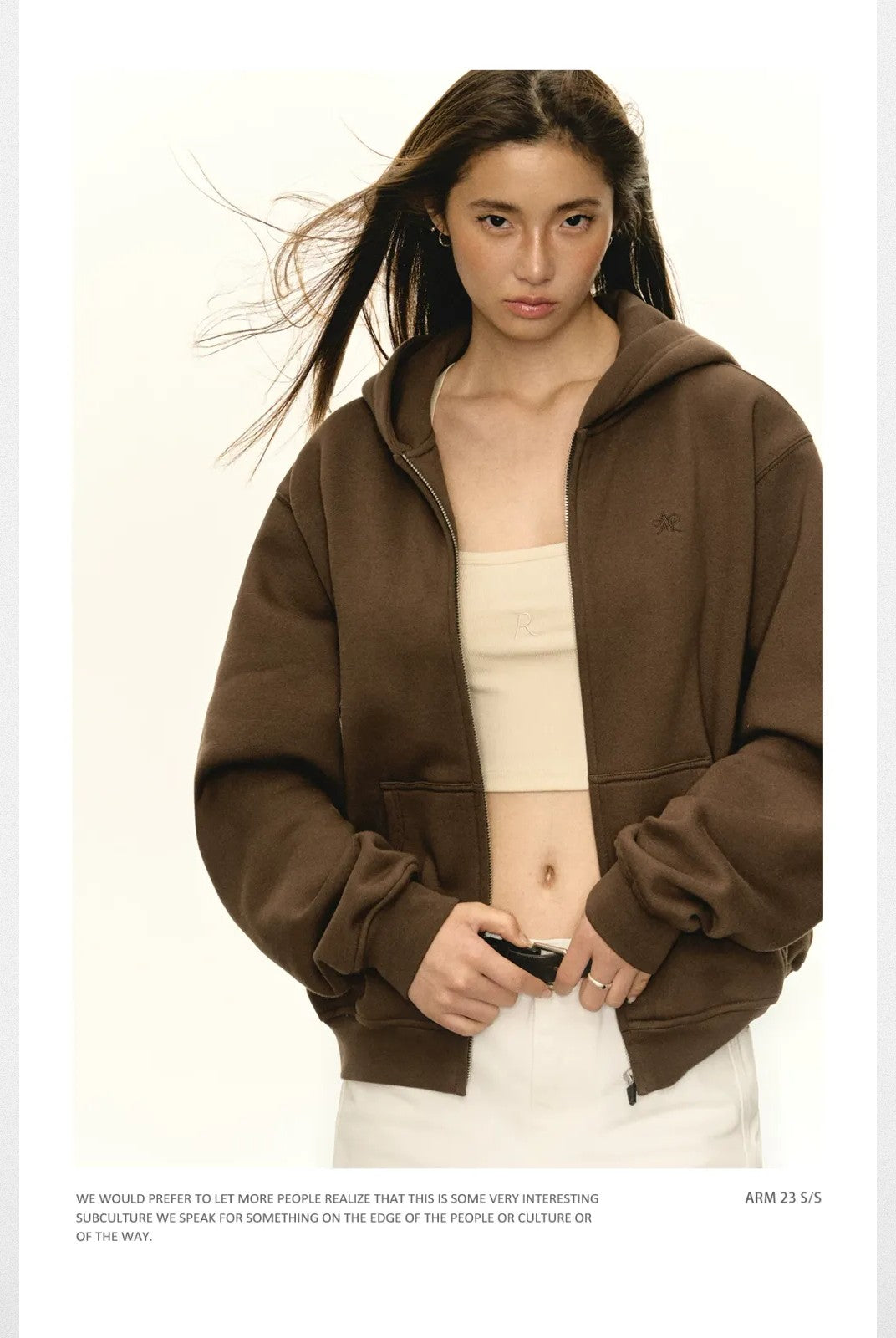 ARISEISM Oversized Cotton Blend Zip Up Hoodie in Brown - On Model