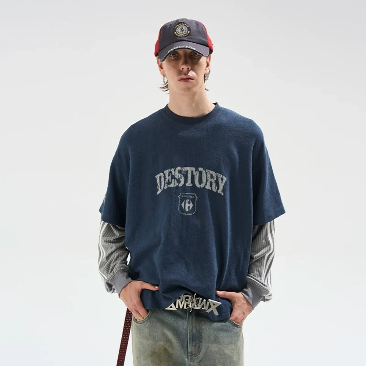 BLINDNOPLAN Distressed Faux Layered Tee in Navy Blue - On Model