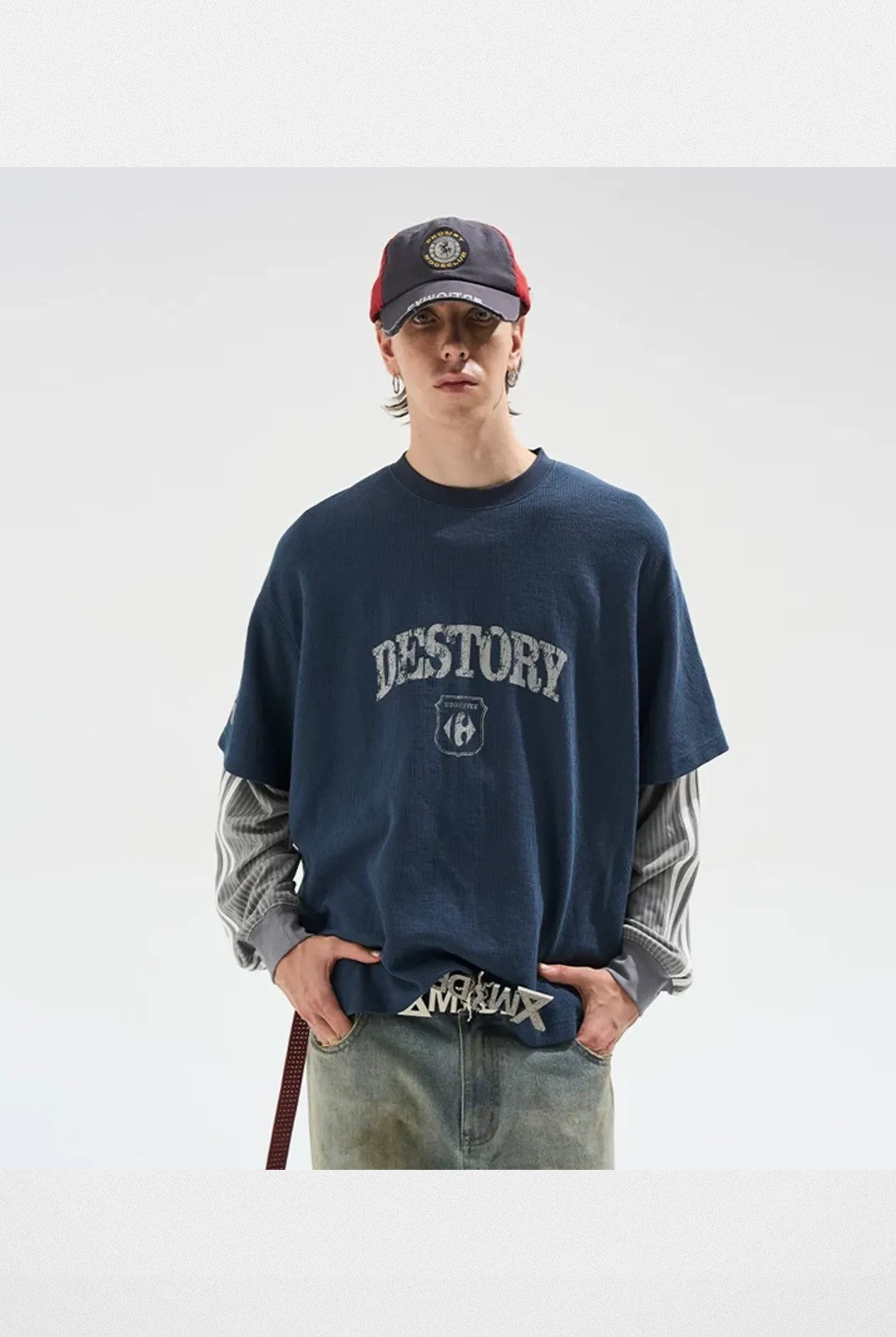 BLINDNOPLAN Distressed Faux Layered Tee in Navy Blue - On Model