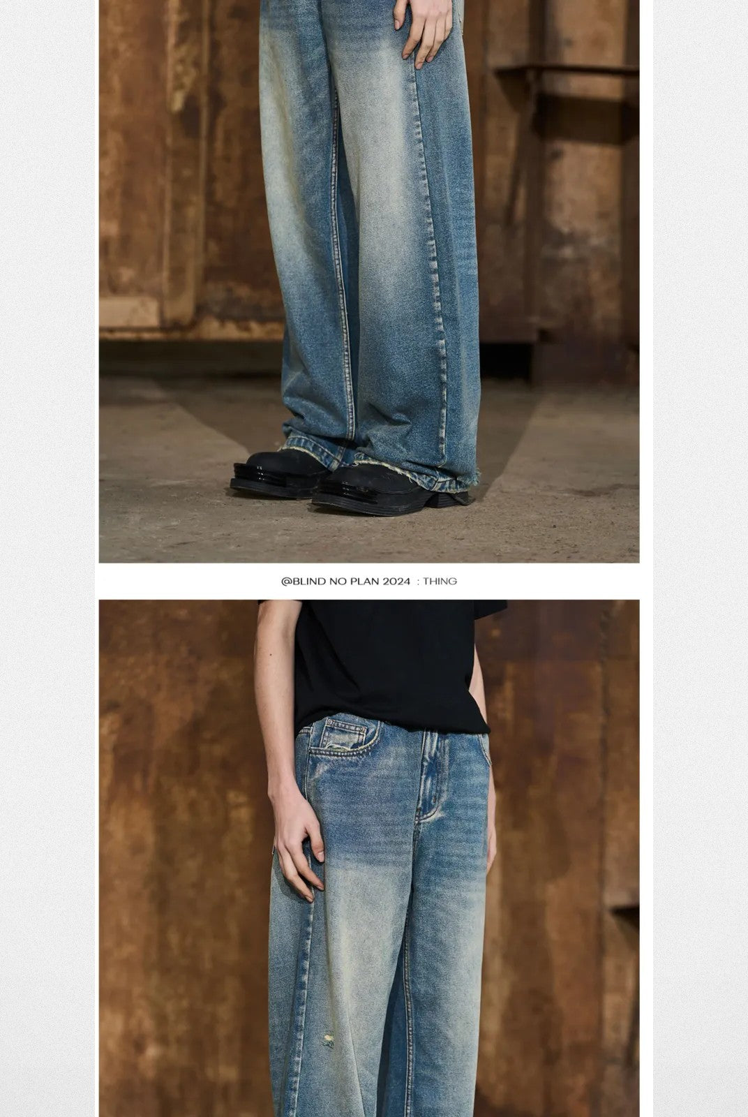 BLINDNOPLAN Distressed Washed Straight Leg Jeans in Blue - On Model