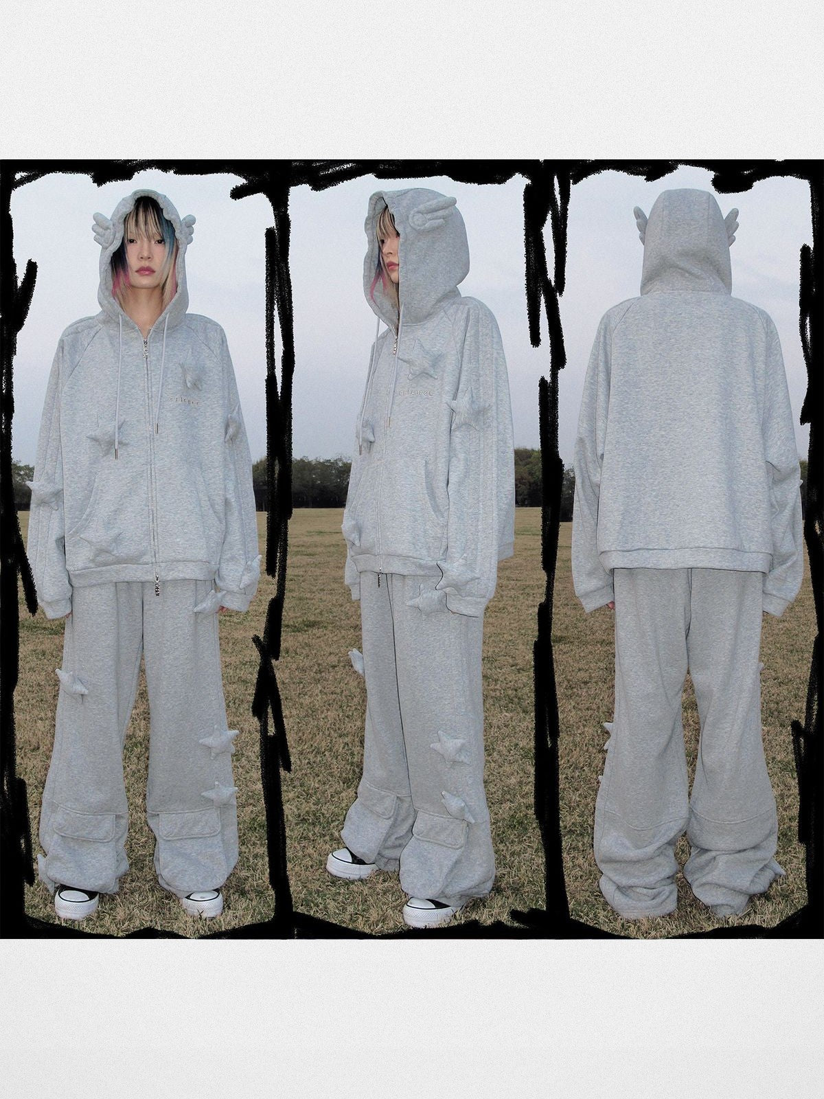 CFIERCE 3D Star Micro Flare Sweatpants in Gray - On Model