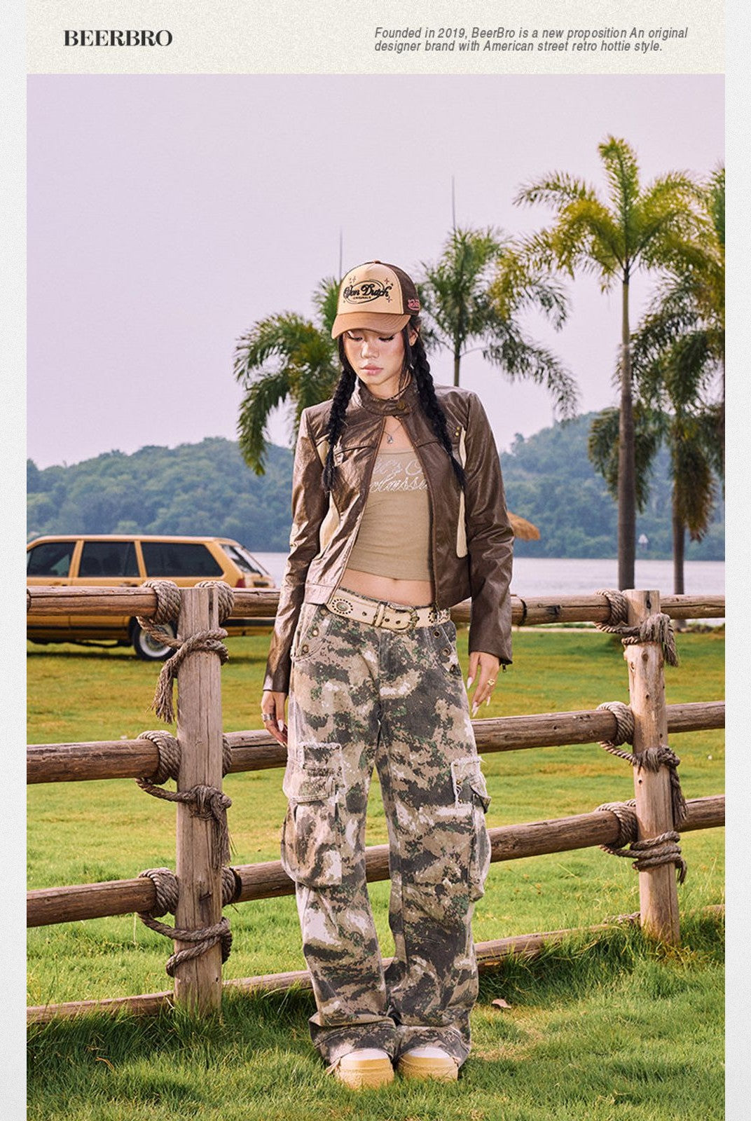 BeerBro Retro Camo Wide Leg Cargo Pants in Olive - On Model