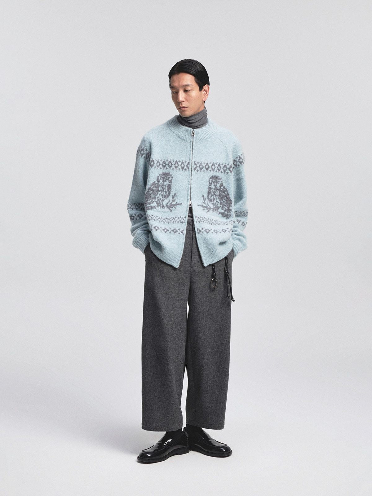 NANS Alpaca Blend Animal Jacquard Cardigan in Sky Blue - On Model