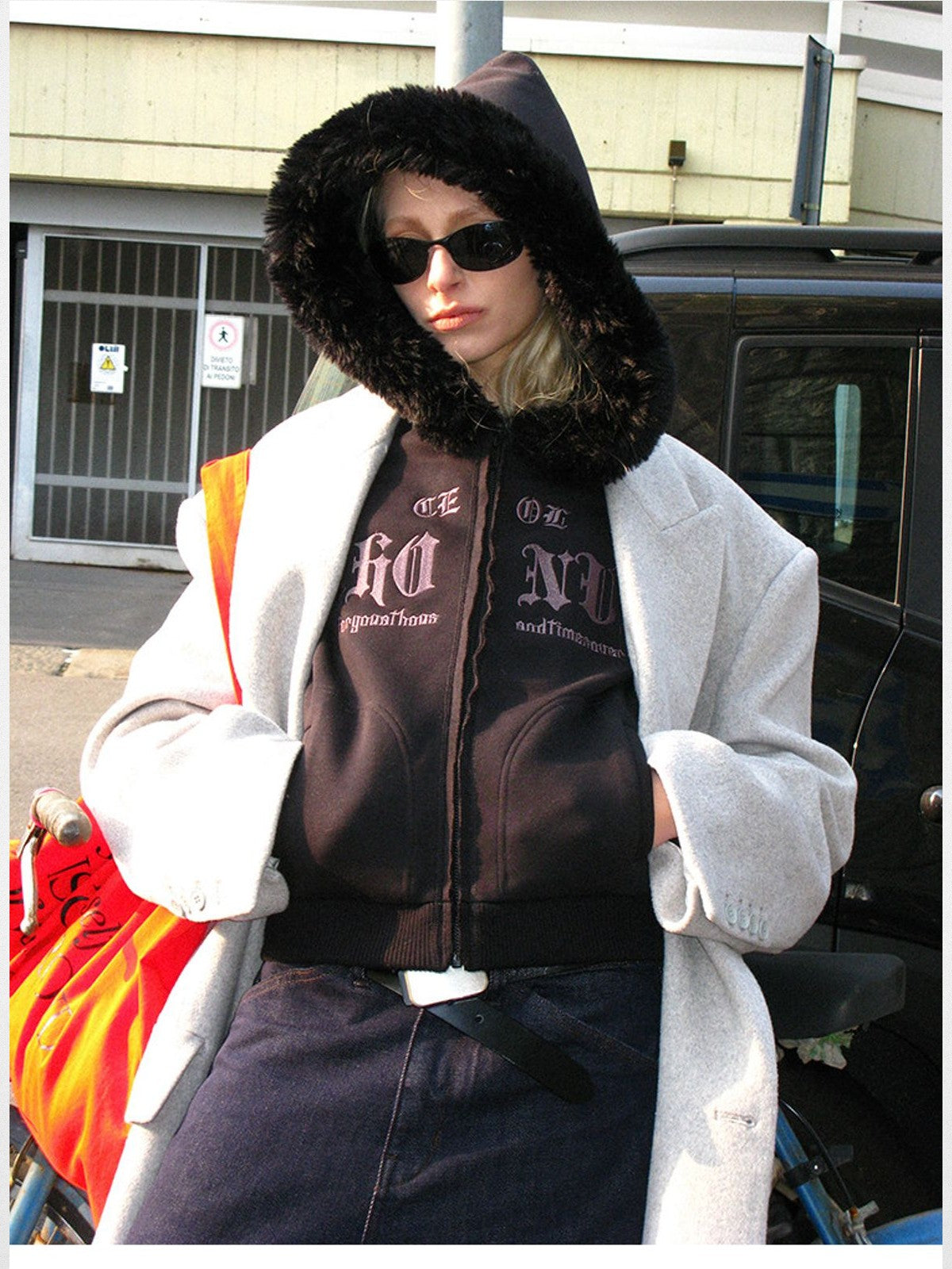 ACSENSE STUDIO Embroidered Faux Fur Zip Hoodie in Black - On Model