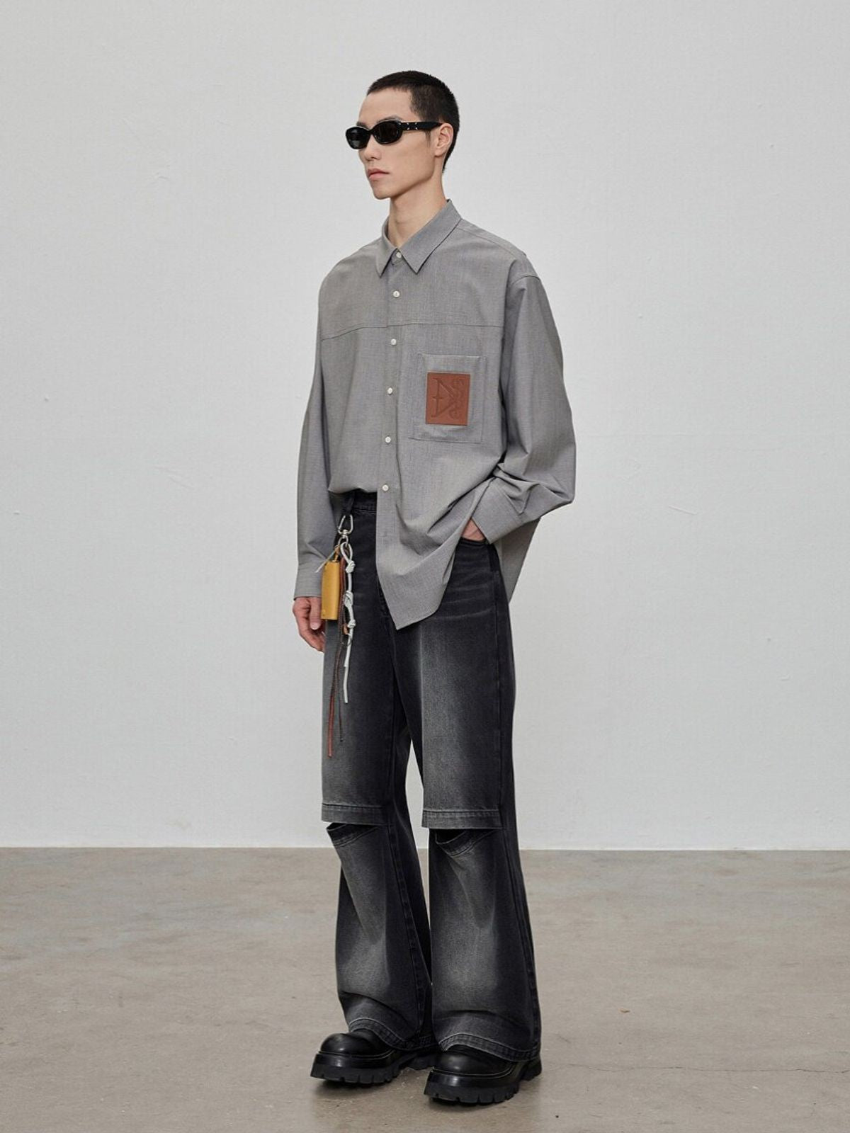 NANS Oversized Shirt with Leather Patch in Gray - On Male Model