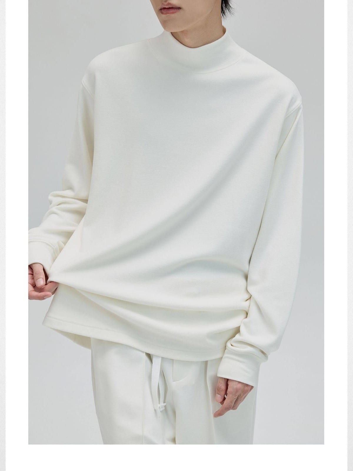 Nans Double Sided Fleece High Neck Tee in Cream - On Model