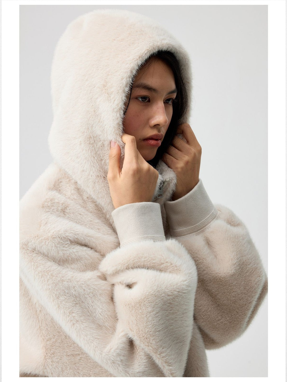 Simple Project Detachable Hood Faux Fur Jacket in Cream - On Model
