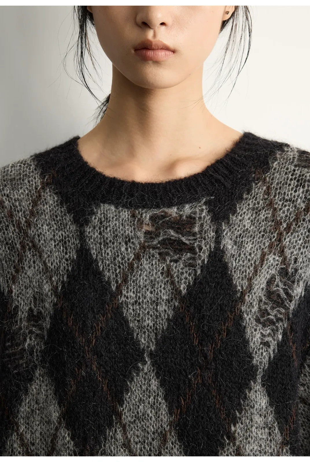 RandomPiece Distressed Argyle Alpaca Blend Sweater in Black - On Model