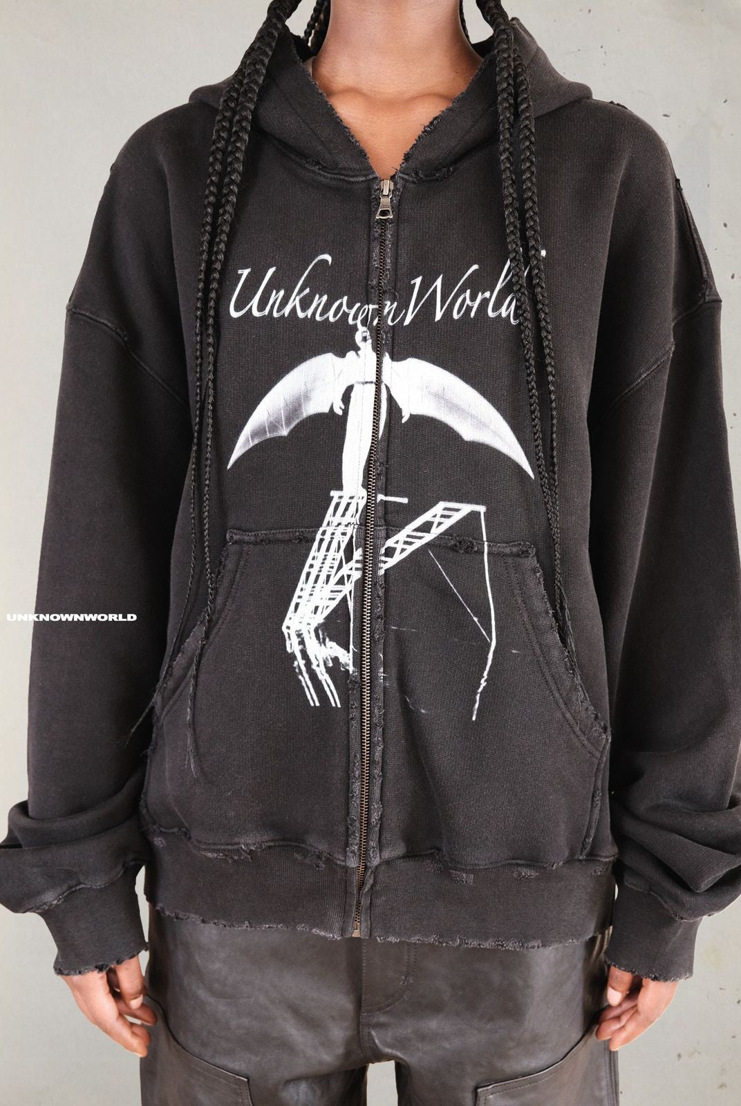 UNKNOWNWORLD Distressed Bat Print Zip Up Hoodie in Black - On Model