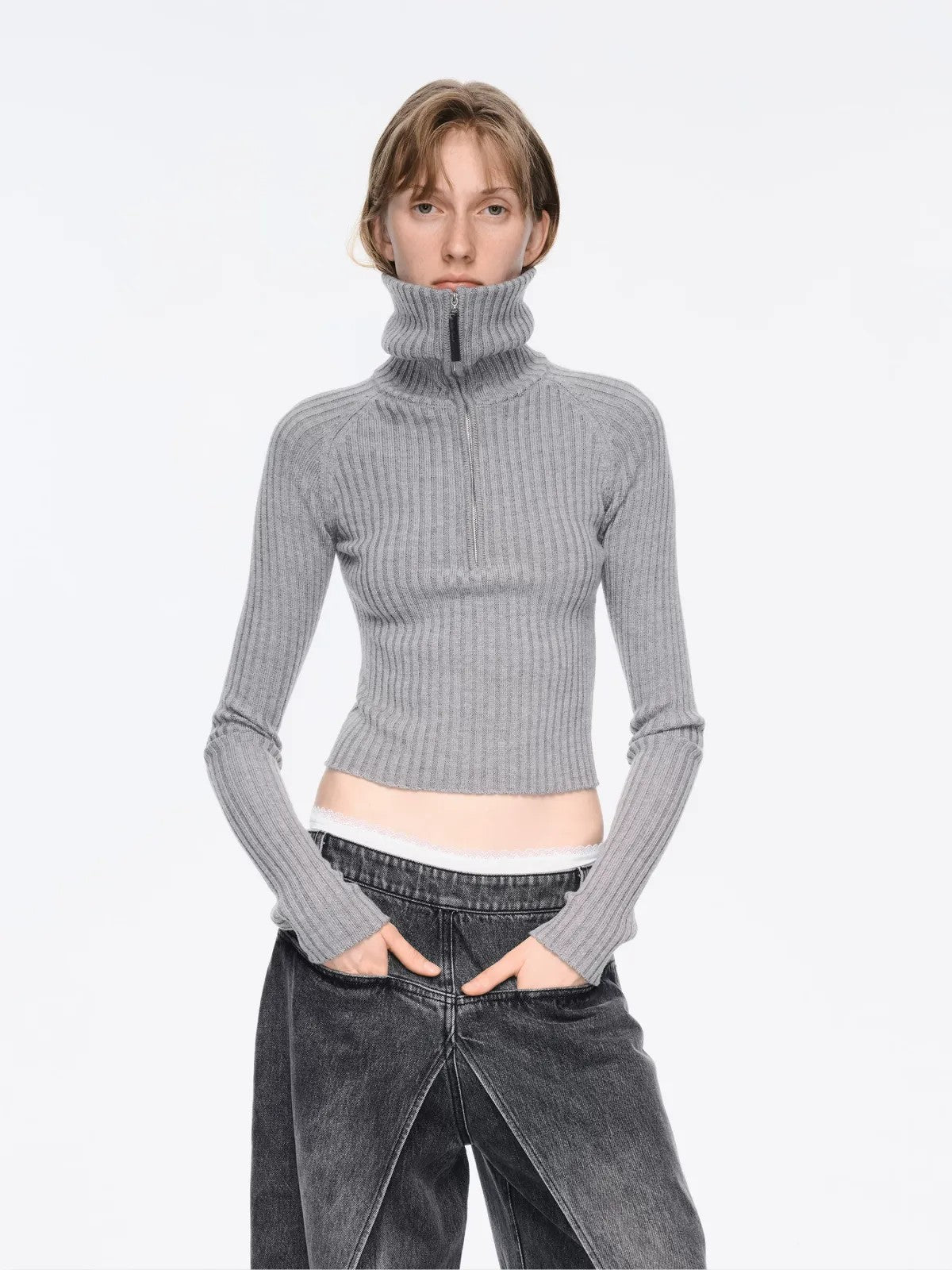 RARELY ALIKE Zip Up High Neck Wool Knit in Gray - On Model