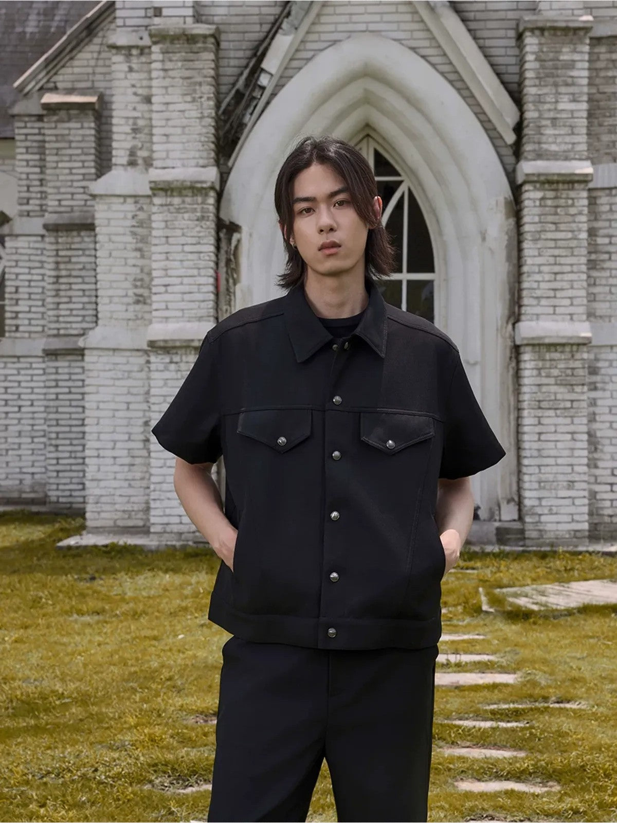 Y OFFICIAL Snap Front Short Sleeve Shirt Jacket in Black