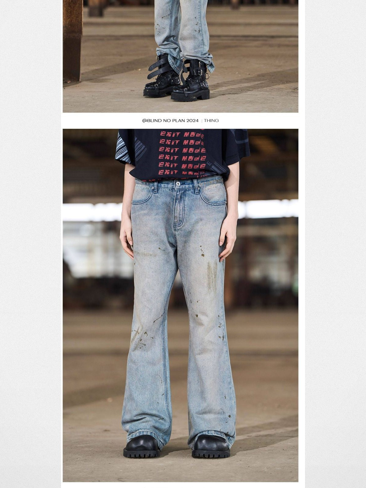 BLINDNOPLAN Distressed Ink Splatter Flare Jeans in Blue - On Model