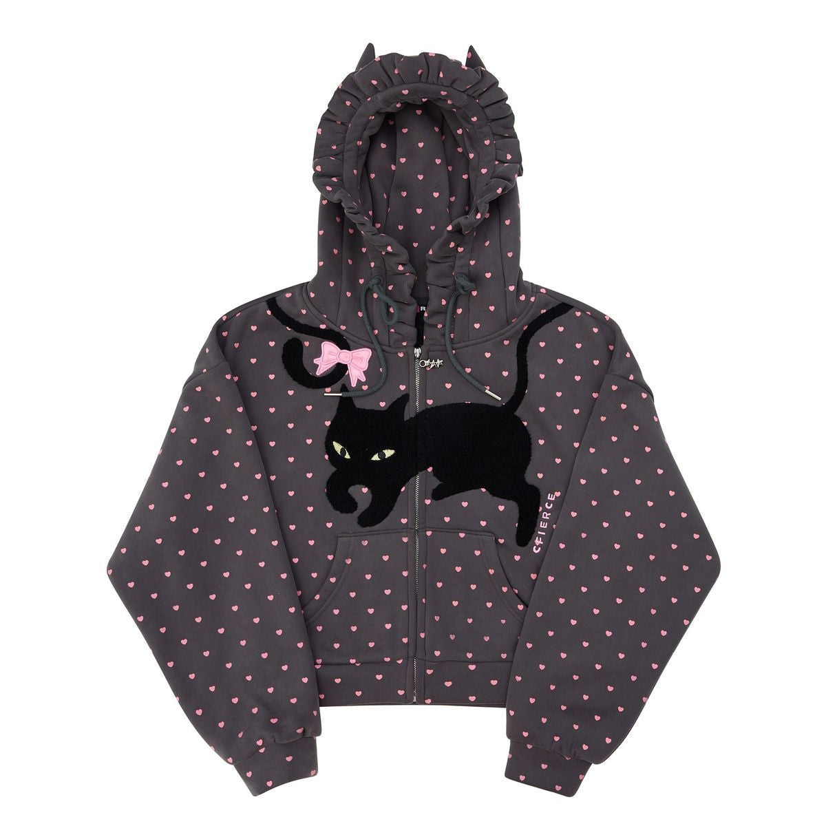 CFIERCE Heart Print Cat Ear Zip Hoodie in Gray