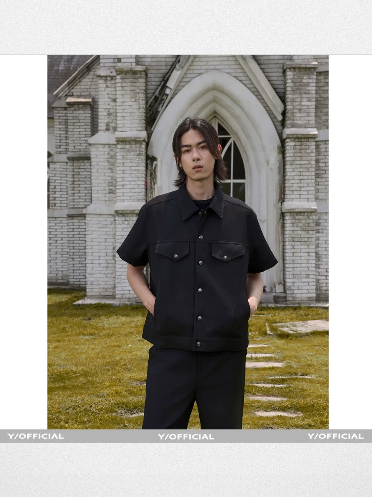 Y OFFICIAL Snap Front Short Sleeve Shirt Jacket in Black