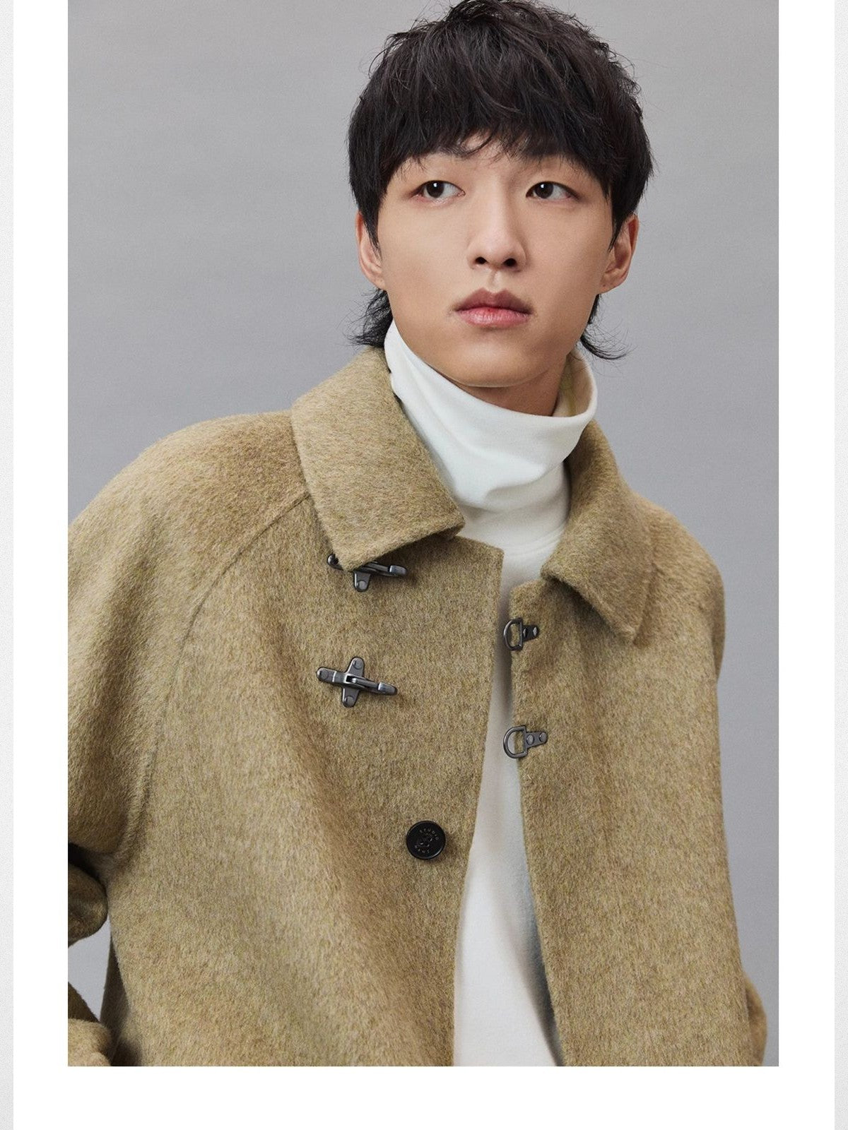 NANS Metal Buckle Wool Balmacaan in Olive - On Model