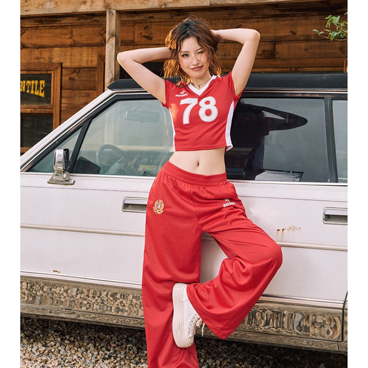 BeerBro Striped Wide Leg Track Pants in Red - On Model