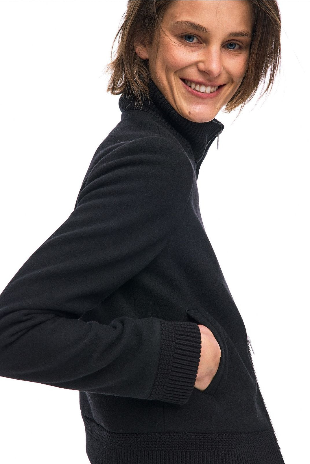 Alright then Lamb Wool Blend Double Zip Jacket in Black - On Model