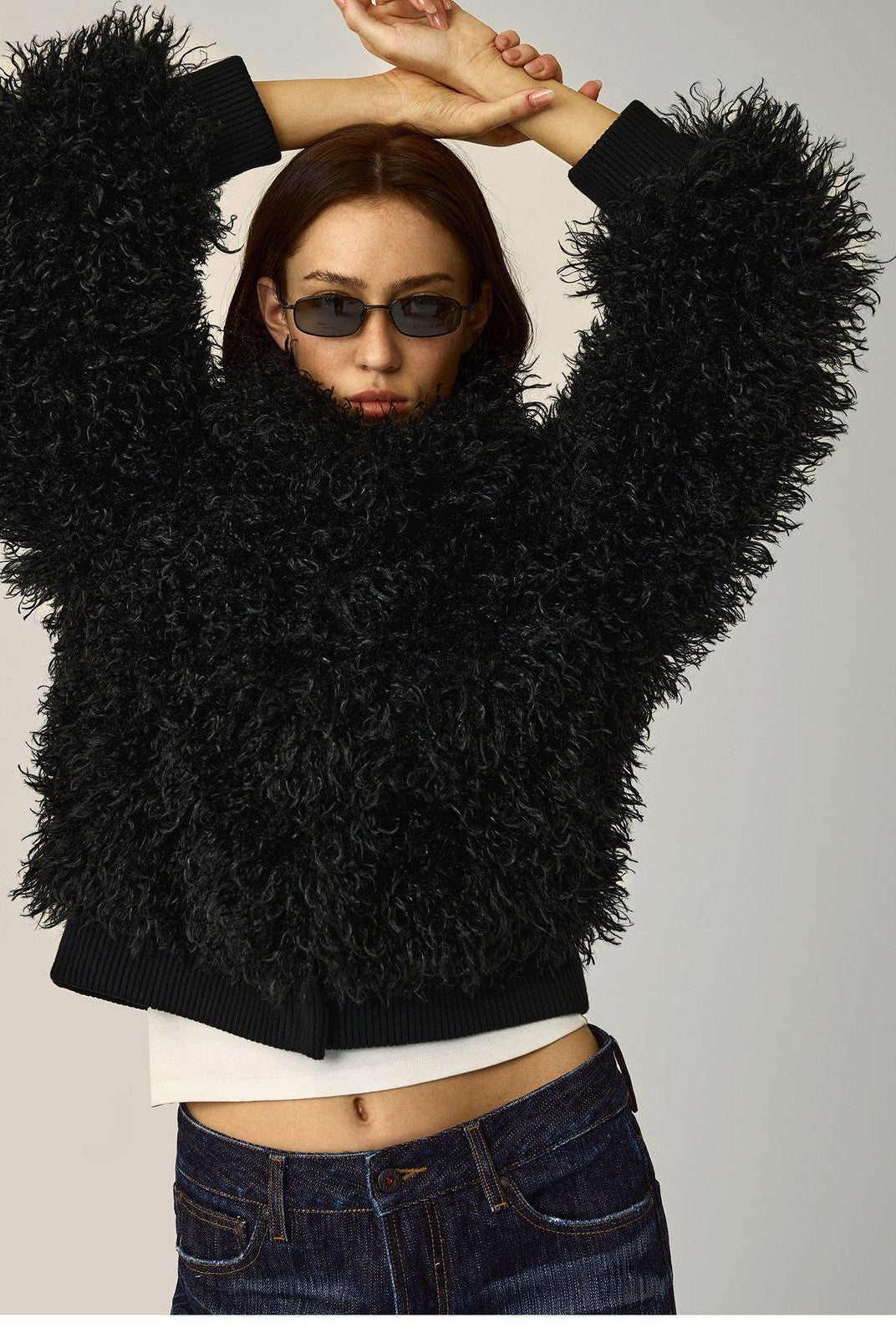 Alright then Faux Mongolian Lamb Fur Jacket in Black - On Model