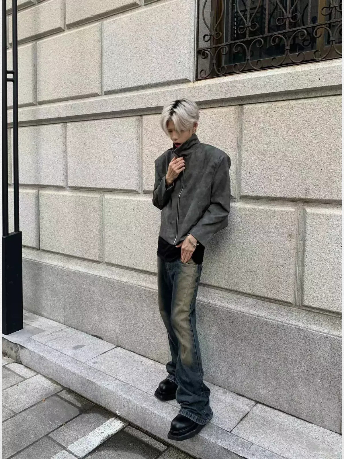 Y OFFICIAL Cropped Matte Faux Leather Jacket in Gray - On Model