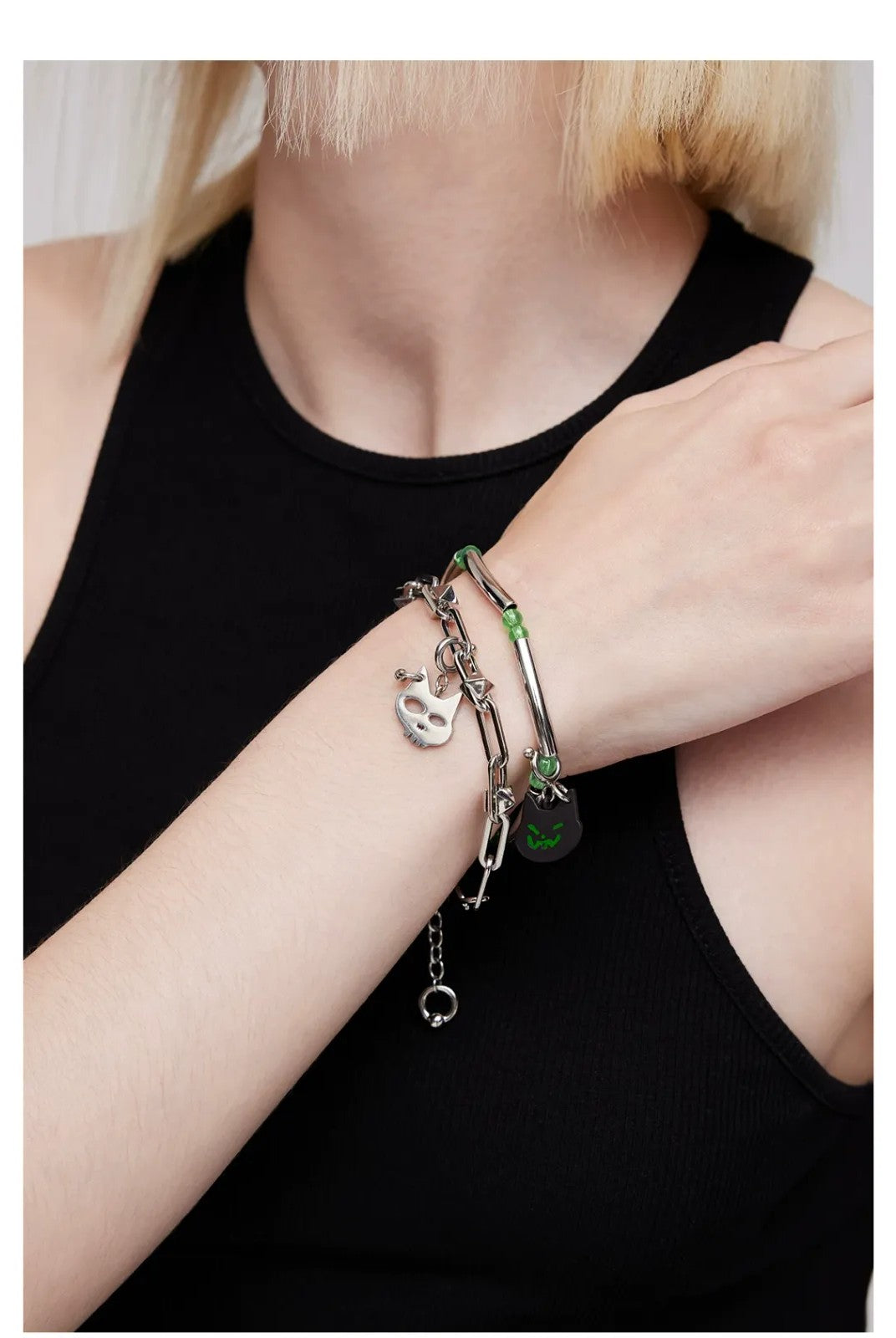 BLACKHEAD Double Layer Cat Charm Bracelet in Silver - On Model