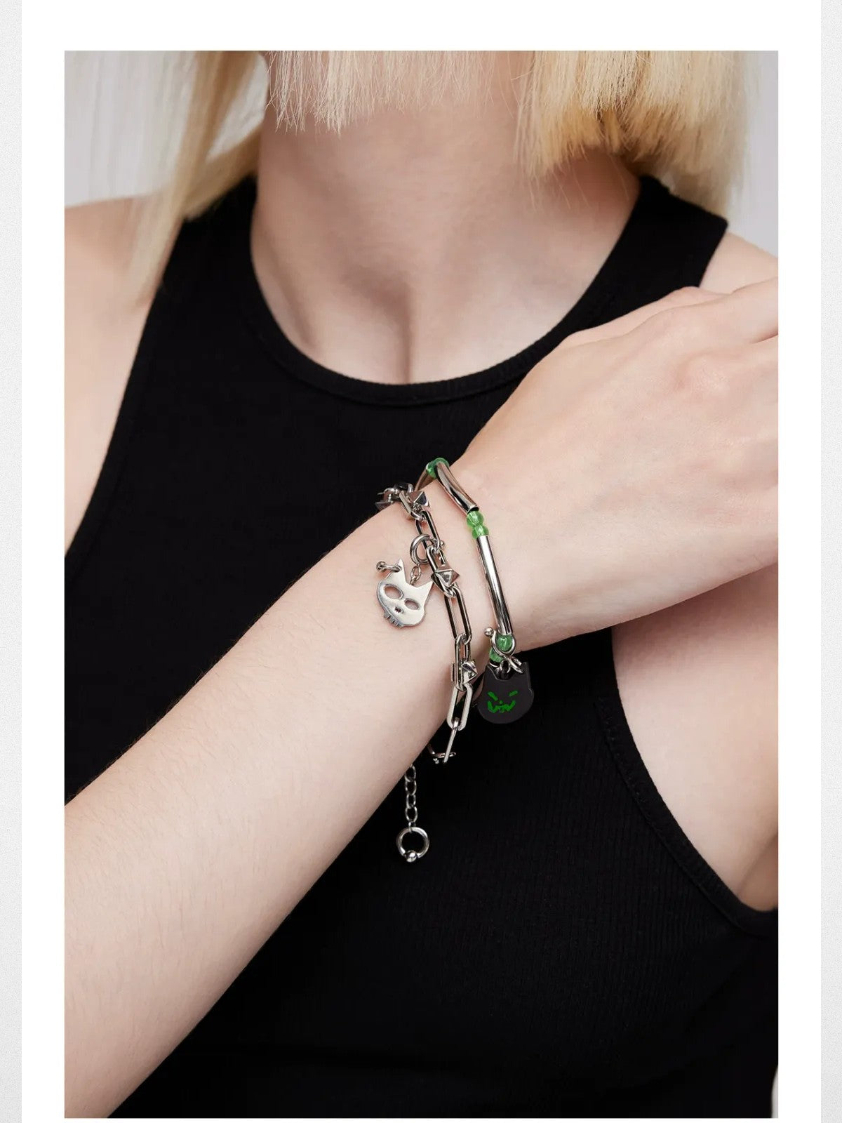 BLACKHEAD Double Layer Cat Charm Bracelet in Silver - On Model