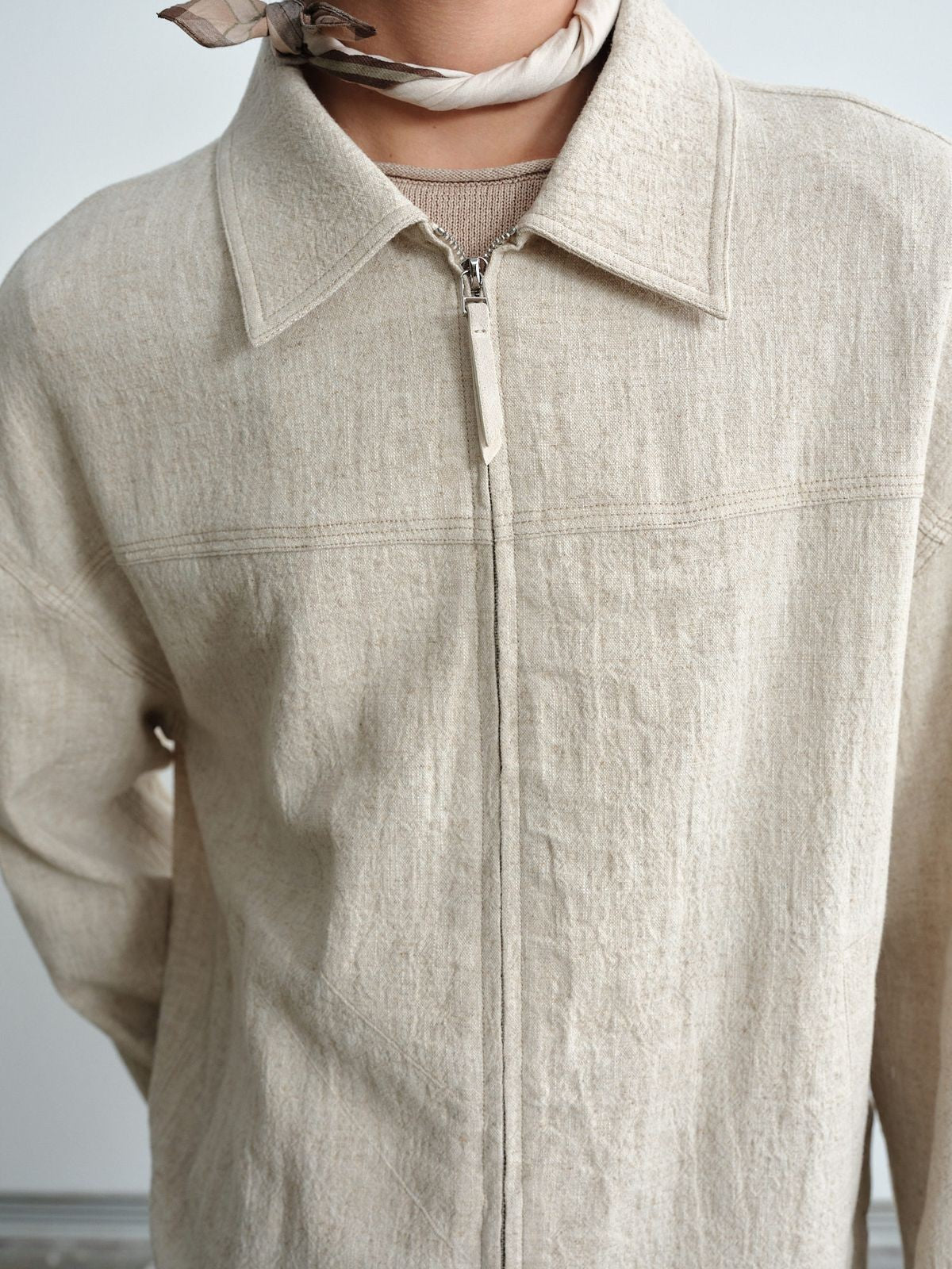 ROYA Oatmeal Textured Ramie Jacket in Oatmeal - On Female Model