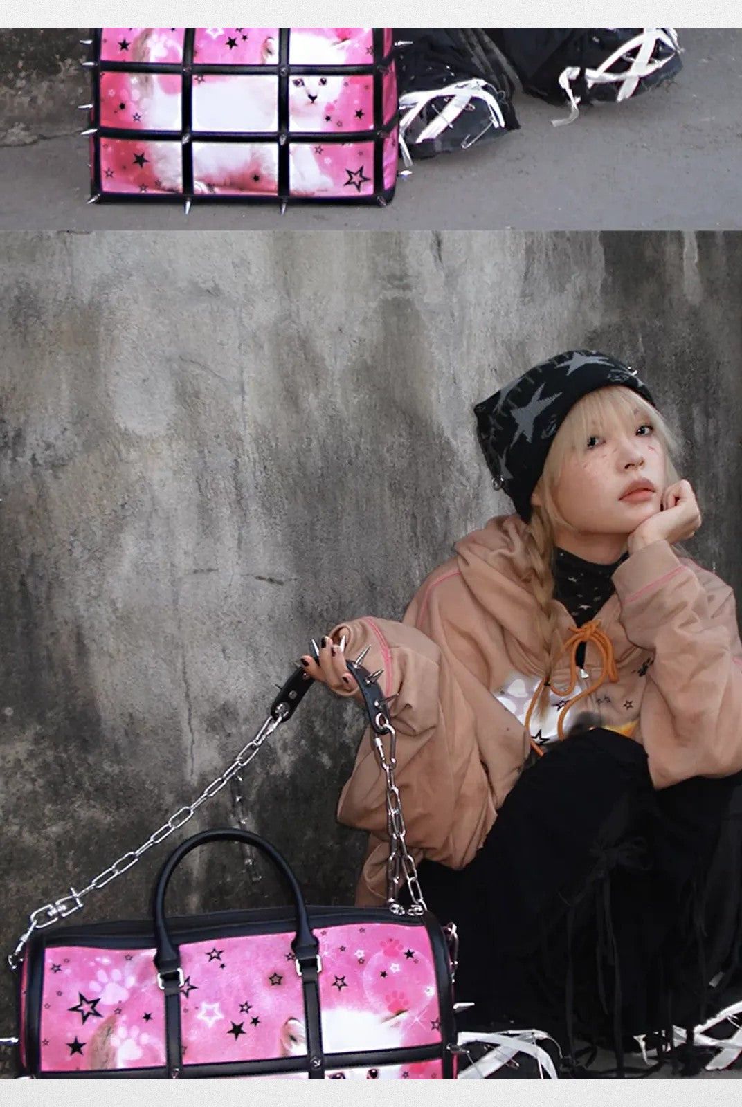 CFIERCE Spiked Cat Print Cage Bag in Red